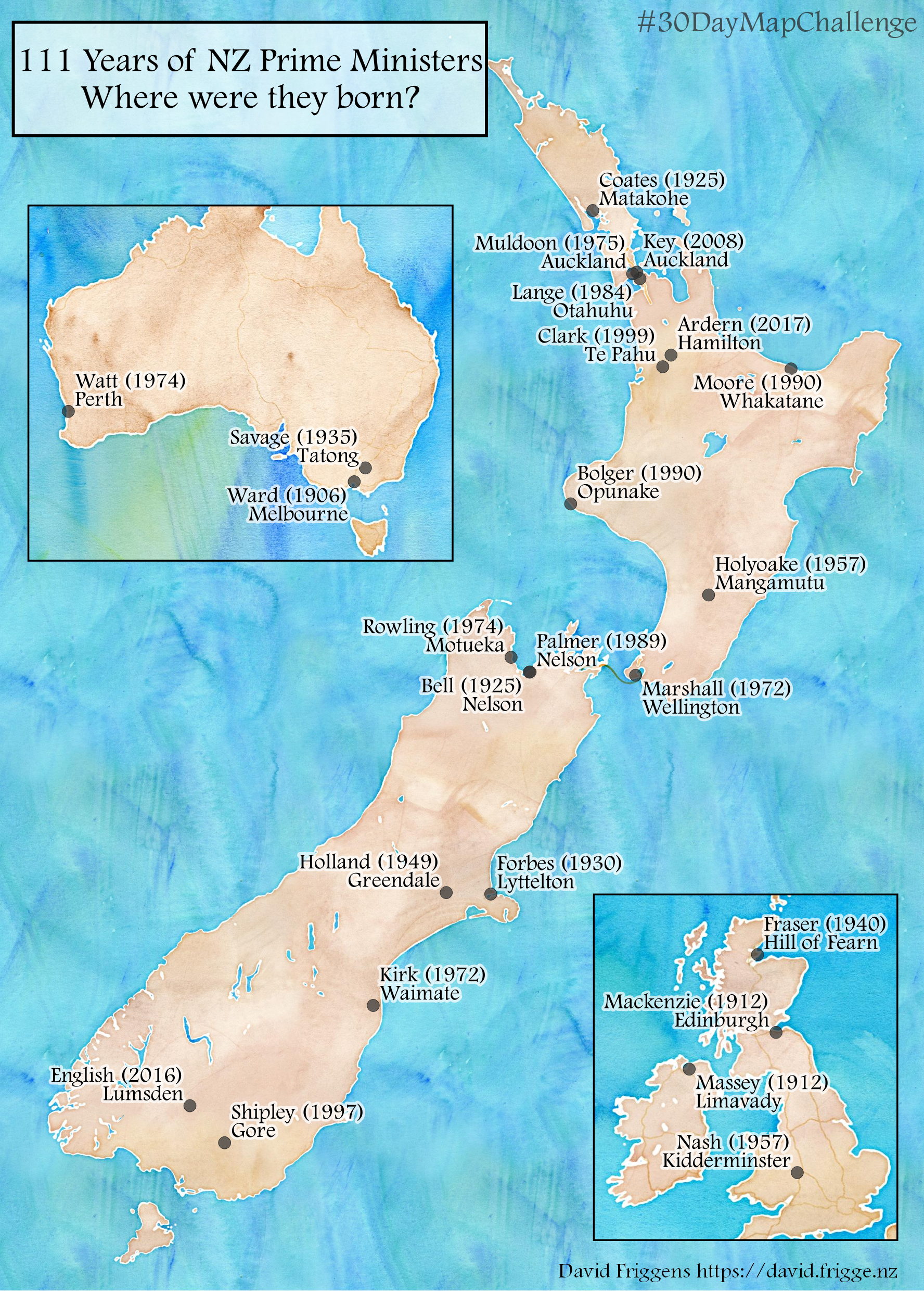 map of NZ prime ministers birthplaces