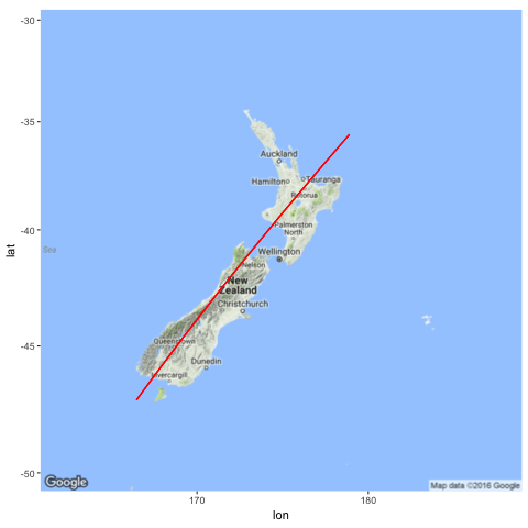 Map of NZ with projection line shown